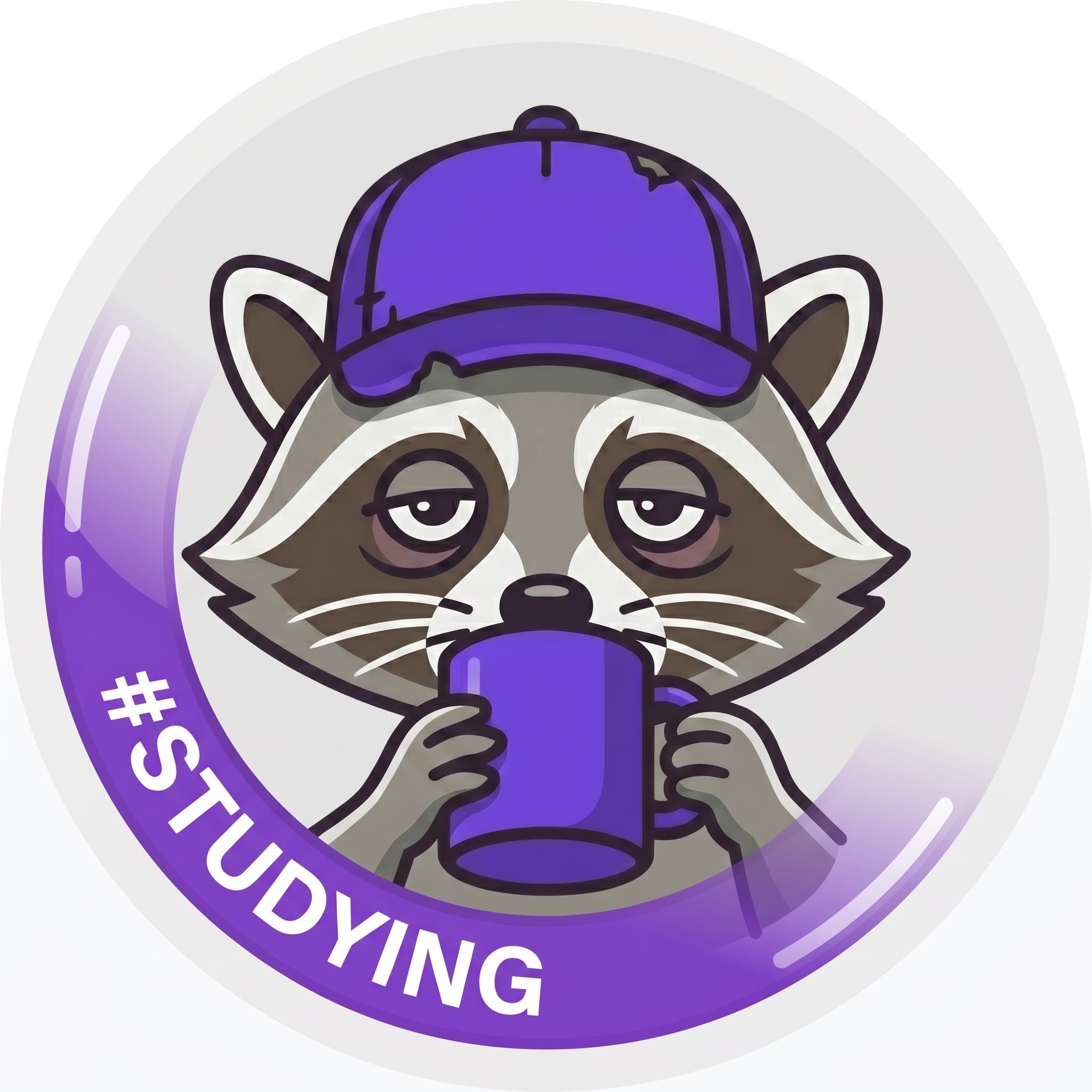 Cramo, das müde Waschbär-Maskottchen mit Kaffeetasse und #Studying-Banner